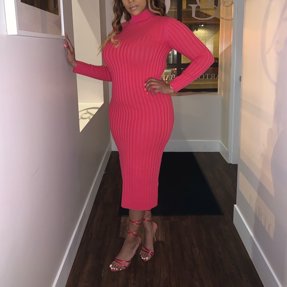 Zara Fuchsia Ribbed Mock-Neck Midi Dress